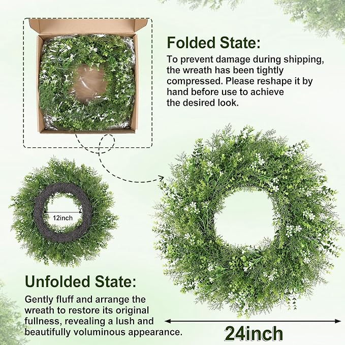 24 Inch Summer Wreaths for Front Door Wreath Spring Outdoor Green Door Wreath for All Seasons Porch Living Room Bedroom Window Wall Indoor Outdoor Farmhouse Home Decoration
