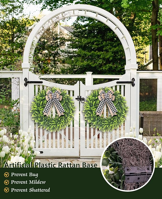 Set of 2, 24-26'' Large Boxwood Wreath for Front Door, Porch, Window - Foldable Greenery Boxwood Wreaths for Farmhouse Wedding Decor - Spring, Summer, Fall, All Seasons (with Bow)