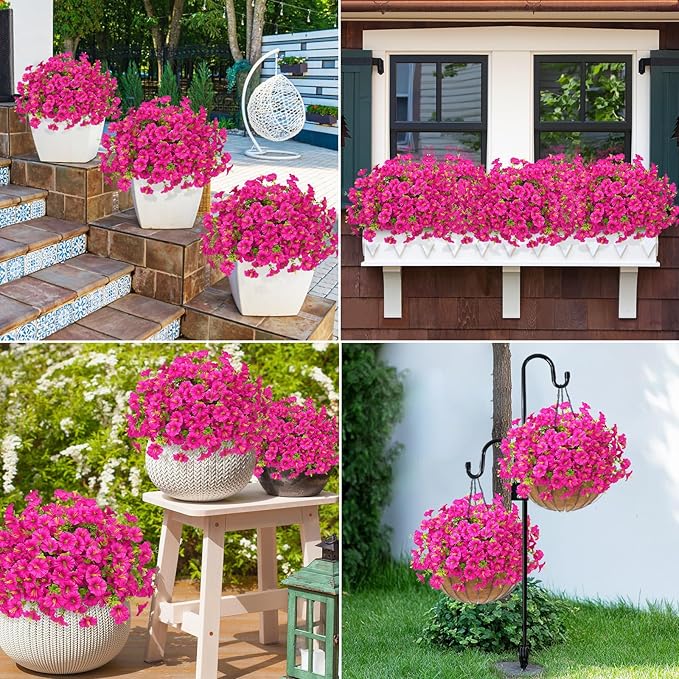 MARTINE MALL 24 Bundles Look Real Artificial Flowers for Outdoors, Realistic Fake Outdoor Flowers, UV Resistant Silk Petunia Flowers for Outside Faux Flowers Plants for Outdoor Porch, Fuchsia