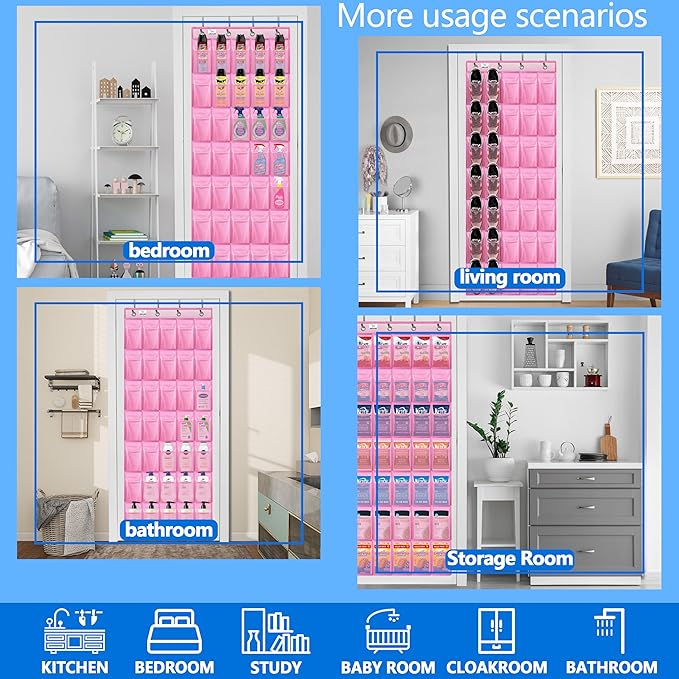 over the door shoe organizer,2025 upgraded,35 Huge pockets,over door shoe organizer,Store size 13 shoes,shoe organizer,Strong material,hooks Suitable for various doors,pink shoe rack