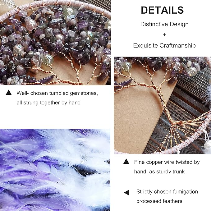 Dream Catchers, Purple Dream Catcher Tree of Life Wall Decor, with Natural Healing Crystal Stone, Perfect Handmade Dreamlike Crystal Dream Catcher for Bedroom Art Craft Gift