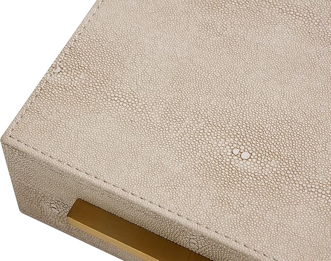 Kingflux Ivory Shagreen Decorative Box For Keepsake And Memory, Faux Leather Storage Box Jewelry Organizer Wooden Home Organizer Box For Accessory With Brushed Gold Handle (Ivory)