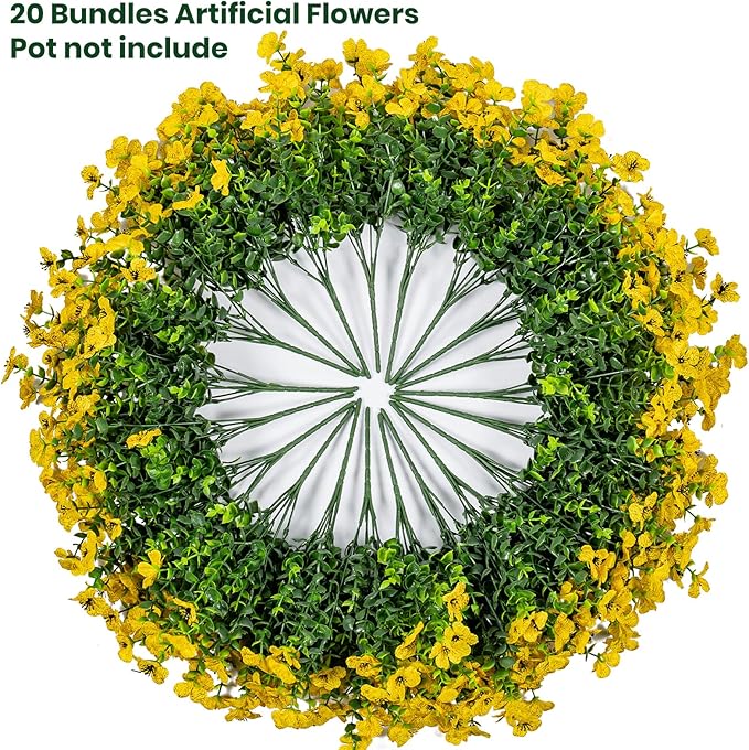 Lnoicy 20 Bundles Artificial Flowers for Outdoor Fake Plants for Spring Decoration,Faux Eucalyptus Flowers for Planter UV Resistant Lifelike for Home Porch Garden（Yellow）
