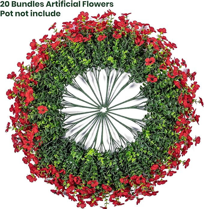 Lnoicy 20 Bundles Artificial Flowers for Outdoor Fake Plants for Spring Decoration,Faux Eucalyptus Flowers for Planter UV Resistant Lifelike for Home Porch Garden（Red）