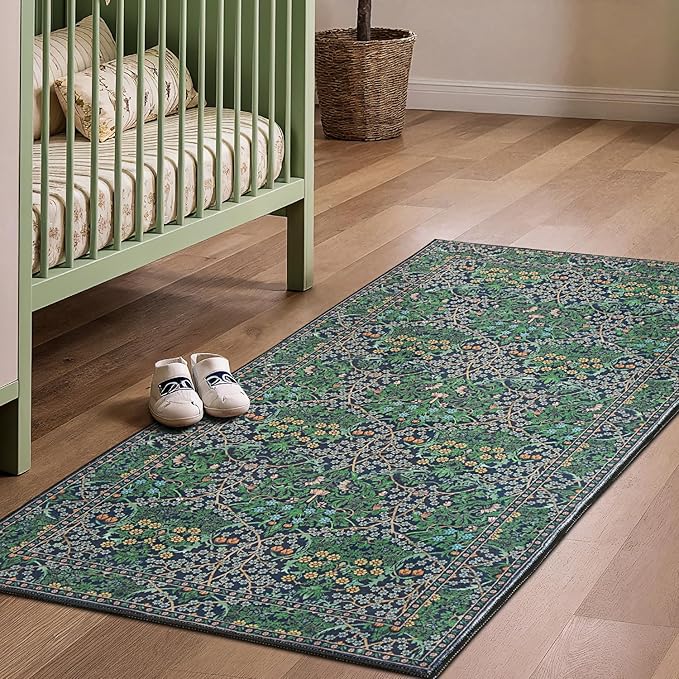 Lessymo 2x4 Small Runners for Kitchen, Washable Entryway Rugs Non-Slip Door Mat Indoor Entrance, Soft Vintage Runner Rugs for Hallways Bathroom Bedroom, Boho Floral Design, Forest Green