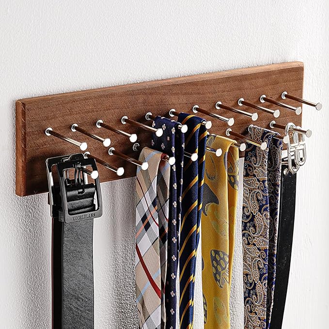 TreeHouse London Tie Rack Organizer – Holds 40 Large Ties – Solid Wood & Sturdy Metal Storage Holder for Closet – Wall Mounted Tie Display Hanger for Wall, Bedroom - (Walnut Tie Rack) 16" L X 4.25" H