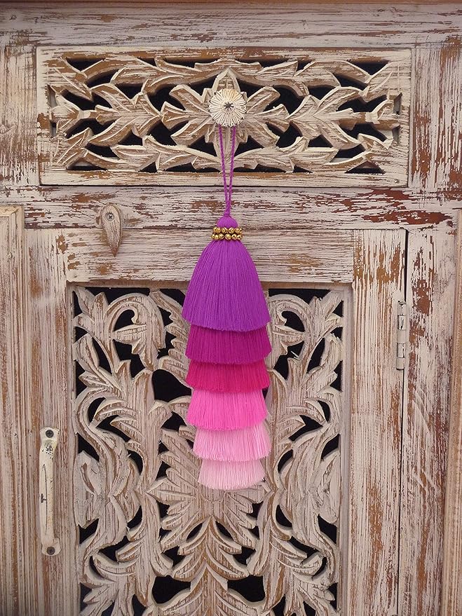 Tassellini Multi-Colored Layered Large Cotton Tassel with Hanging Loop for Furniture Décor, Home or Handbag Accessory (Purple)
