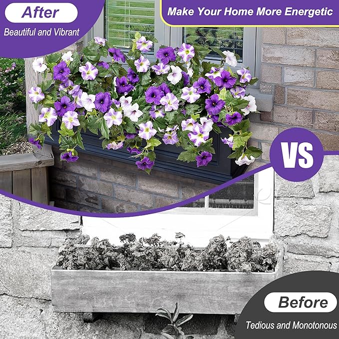 4 Pcs Artificial Fake Petunia Flowers for Outdoor Decoration, Faux Silk Petunias Flower for Spring UV Resistant No Fade Realistic Plants for Garden Balcony Yard Porch Indoor Decor(Purple White)