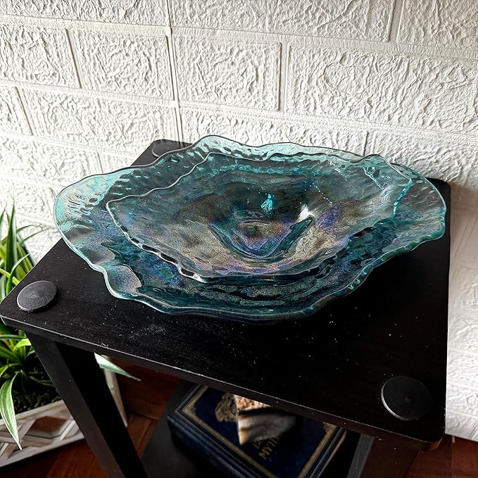 Things2Die4 Decorative Plates Set of 2 Oyster Shaped Blue Glass Plates with Iridescent Finish for Coastal Tabletop Decor in Dining Room Entryway or Living Room, 13 X 10 X 2 Inches