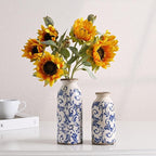 VICTOR & TERESA Blue and White Ceramic Vases Home Decor, Farmhouse Vase for Flowers, Flower Vase Set of 2, Rustic Decorative Vases for Pampas Grass, Table, Living Room, Shelf, Centerpieces, 8 inch