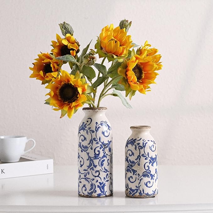 VICTOR & TERESA Blue and White Ceramic Vases Home Decor, Farmhouse Vase for Flowers, Flower Vase Set of 2, Rustic Decorative Vases for Pampas Grass, Table, Living Room, Shelf, Centerpieces, 8 inch