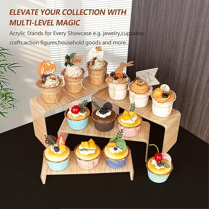 ELEGANTLIFE Acrylic Display Risers Set of 4, 4-Level Tiered Display Stands for Cupcakes, Small Figures & Jewelry, Compact Countertop Display Shelf, Multiple Colors Available (Light Wood Grain)