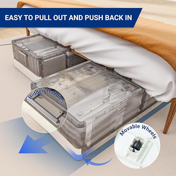 FLEXIMOUNTS 2-Pack Under Bed Storage with Wheels, 108 QT Large Collapsible & Stackable Containers, Foldable Organizer Bins for Blankets, Shoes, Books, Bedroom Closet