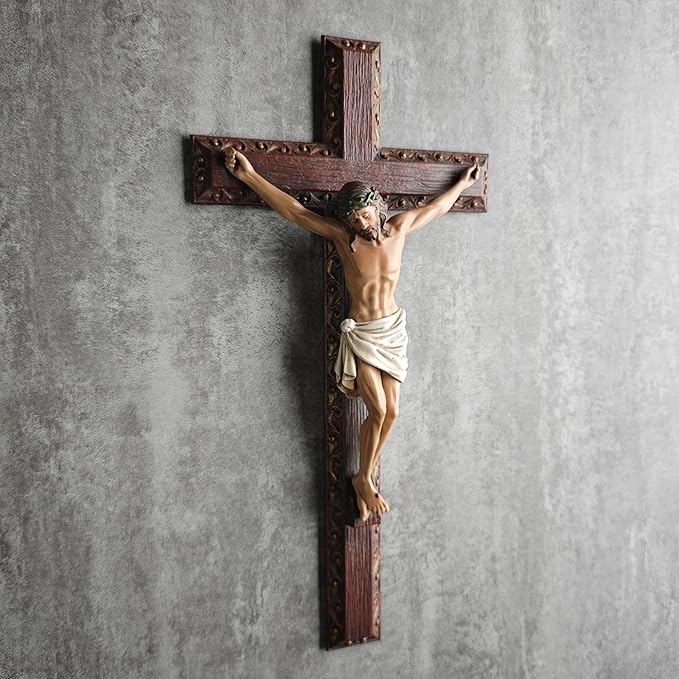 BC Catholic Crucifix Wall Cross, 12" H Jesus Christ Cross Home Decor, Religious Devout Gift, Wood Carve Looking, Hand Painted by Buildclassic