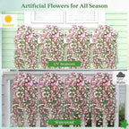 Artificial Hanging Flowers for Outdoors, 6 PCS Silk Morning Glory Artificial Flowers with Eucalyptus Leaves, UV Resistant Fake Flower Realistic Faux Plants for Home Patio Porch Garden, White+Pink