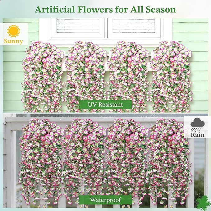 Artificial Hanging Flowers for Outdoors, 6 PCS Silk Morning Glory Artificial Flowers with Eucalyptus Leaves, UV Resistant Fake Flower Realistic Faux Plants for Home Patio Porch Garden, White+Pink
