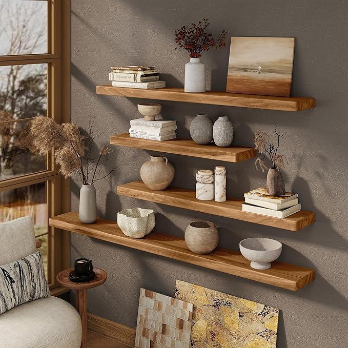 Marsmiles 40 inch Floating Shelves for Wall Solid Elm Wood Wall Mounted Shelves|Rustic Long Floating Shelves with Invisible Bracket for Bathroom Kitchen|Rounded Edge|Natural, 1 Pack