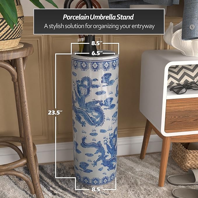 Red Lantern 24" Dragon Blue & White Porcelain Umbrella Stand for Indoor/Outdoor Use in Garden Entryway Living Room Boho Eclectic Modern Contemporary Classic Traditional Style Decor