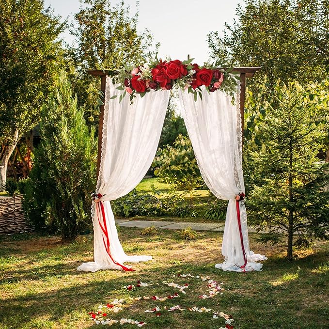 Artificial Peony Flower Swag, 29.6in Faux Eucalyptus Leaves Corner Rose Floral Swags, Artificial Mirror Flower Chair Back Flower Swags for Sheer Drapes, Wedding Chair, Arbor, Wedding(red)