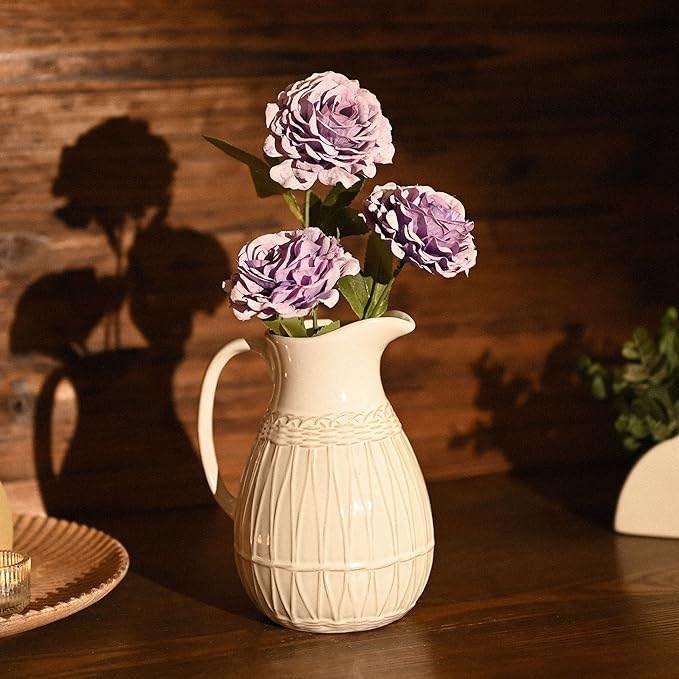 VICTOR & TERESA Small White Ceramic Pitcher Vase for Home Decor, 8'' Decorative Jug Vases Gift for Her, Farmhouse Distressed Vases for Flowers, Pampas Grass, Table Centerpieces, Kitchen, Mantel