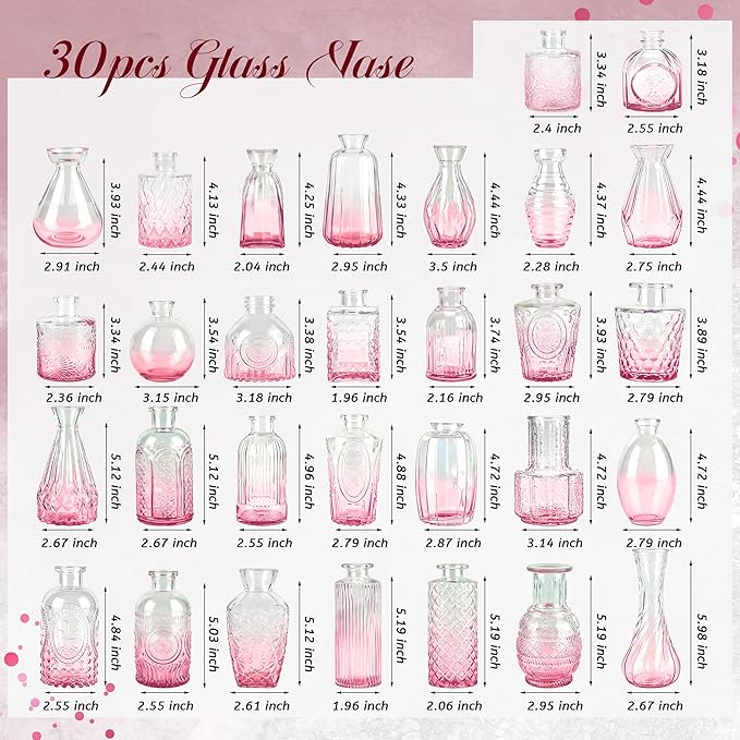 Der Rose Pink Glass Bud Vases Set of 30, Small Bud Vases for Flowers, Rustic Wedding Centerpieces and Home Decor