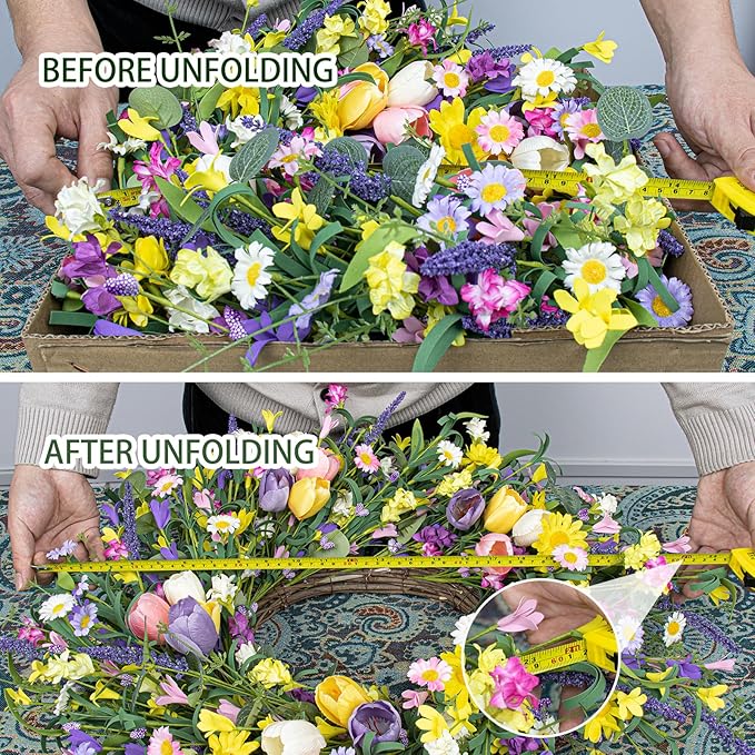 LLZLL Spring Wreath 22 inch Indoor Summer Wreaths Artificial Spring Wreaths for Front Door, Tulip Wreath with Daisy and Lavender for Home Holiday Decor