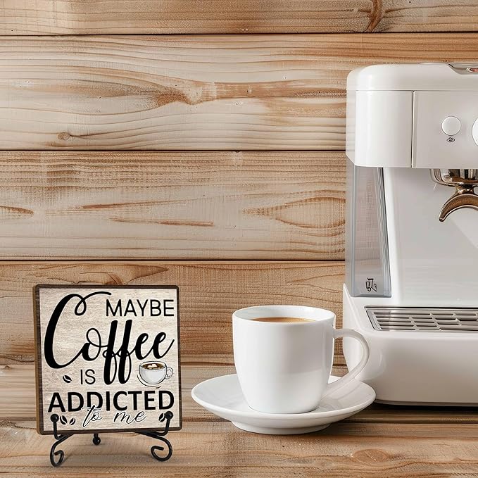 Coffee Bar Decor Sign, Coffee Is Addicted, Funny Farmhouse Home Wooden Plaque with Iron Stand, Cafe Station Decor for Coner-A14