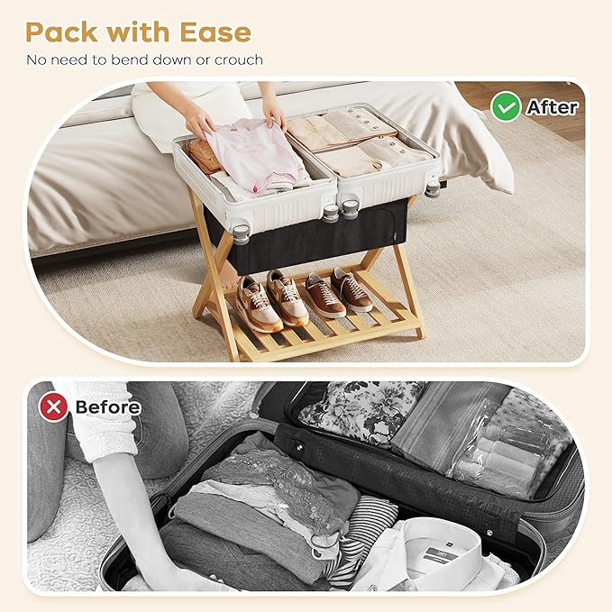 Full Assembled 26.77"L Luggage Rack for Guest Room, Set of 2 Foldable Suitcase Stand with 5 Nylon Straps & Cloth Bag, Luggage Stand Holder with Shoe Shelf for Suitcases Hotel (Natural Wood Bamboo)