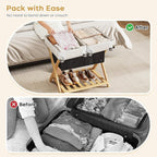 Full Assembled 26.77"L Luggage Rack for Guest Room, Set of 2 Foldable Suitcase Stand with 5 Nylon Straps & Cloth Bag, Luggage Stand Holder with Shoe Shelf for Suitcases Hotel (Natural Wood Bamboo)