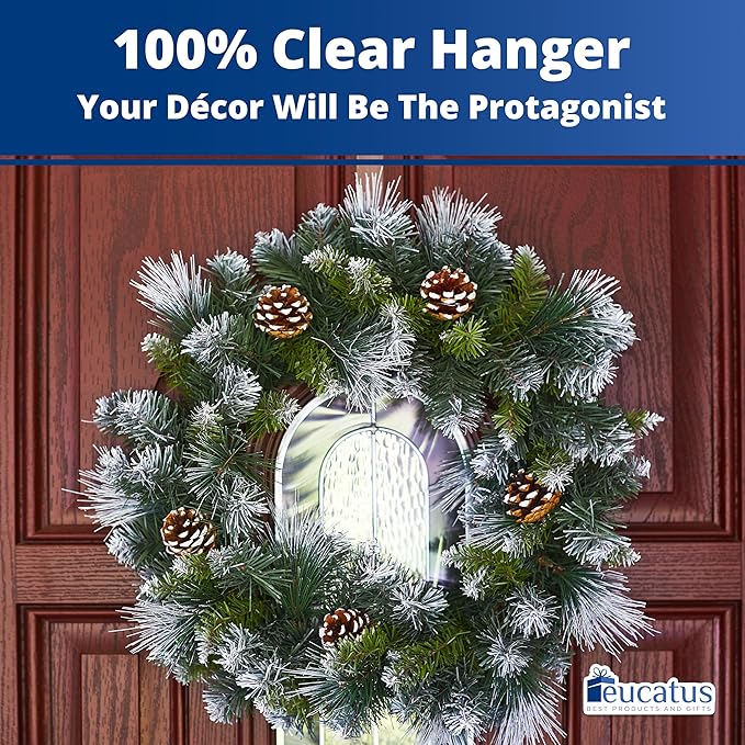 Non-Scratch 100% Clear 12In Xmas Wreath Hanger 1Pk. Best Long Hooks for Indoor or Outdoor Holiday Home Decor. Slim Christmas Wreaths Holders Hang Fall Halloween Decorations Over Front or Storm Door.