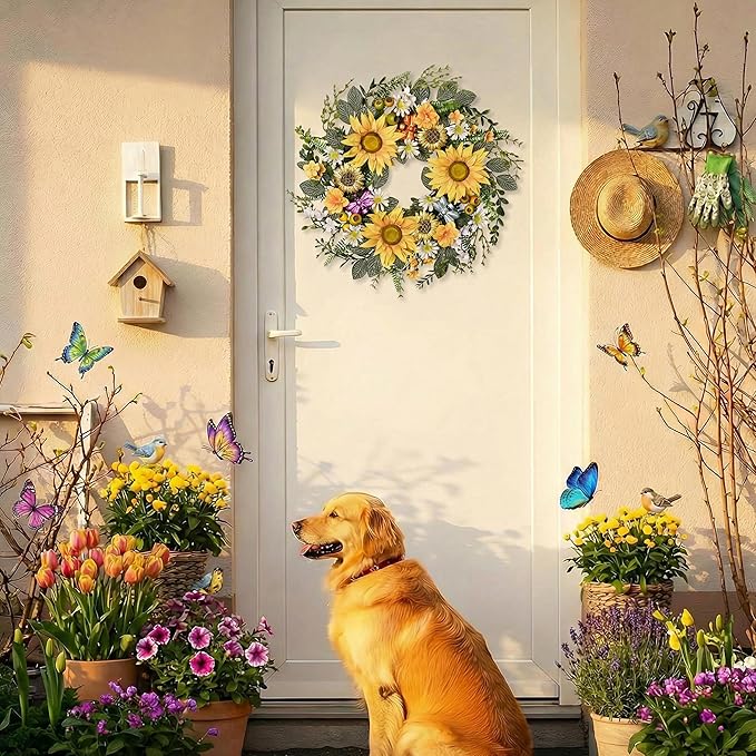 DecorbyHannah Spring Sunflower Summer Wreaths for Front Door Outside All Season, 22 Inch Artificial Collapsible Flower Wreaths with Daisy and Bee, Sunflower Decor for Porch, Wedding Housewarming Gifts