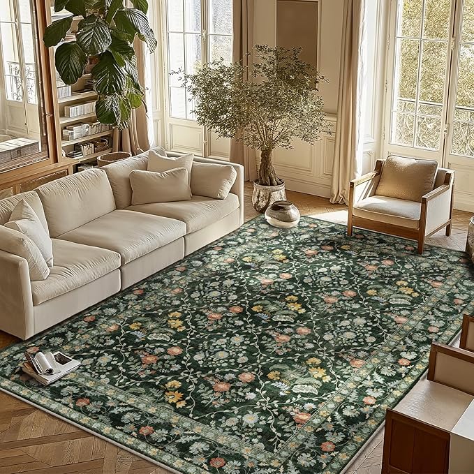 Vintage Botanical Dark Green Area Rug 6x9 Elegant Floral Pattern, Durable Stain-Resistant Fabric, Perfect for Living Room, Bedroom, Dining Room Decor