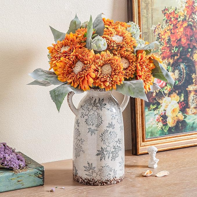 Enra Tall Vintage Blue and White Ceramic Vase with Handle, 11.2 Inch Chinoiserie Decorative Floral Vase, Large Rustic Ceramic Vase for Living Room, Office, Bookshelf, Home Decor