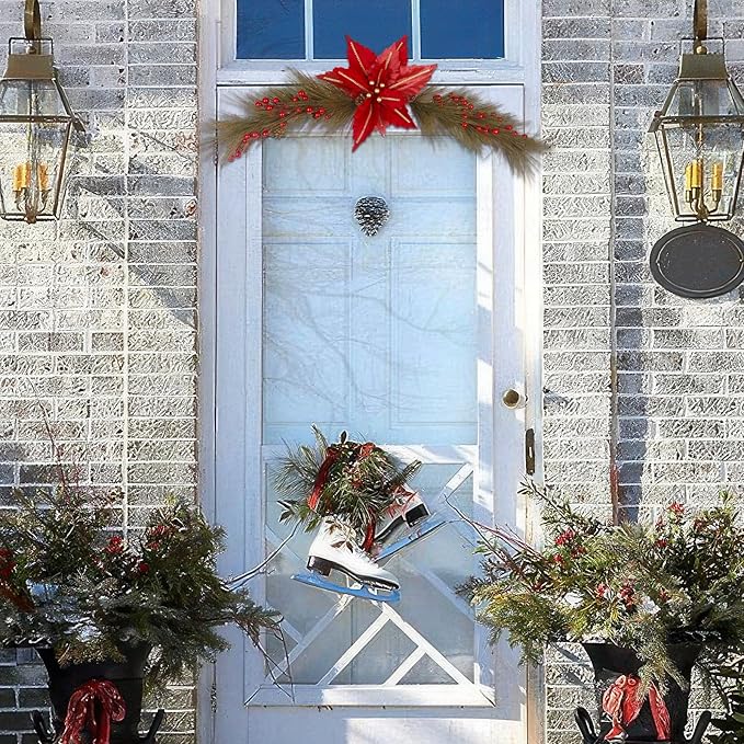 CITYES Christmas Swag Decoration Floral Swag with Berries and Silk Poinsettia Flowers Pine Needles Greenery 41.34 Inch Christmas Swag Xmas Door Swag for Front Door Festival Decor Wall Arch Window