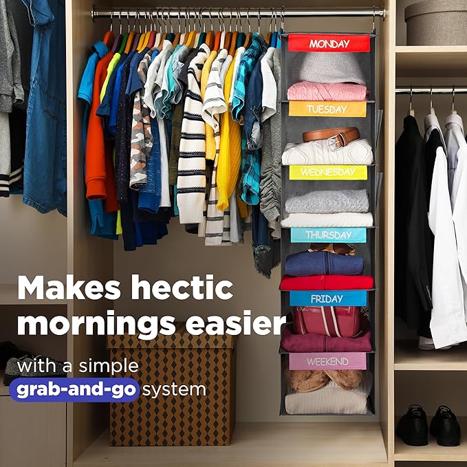 Handy Laundry Hanging Clothes Organizer for Kids - 6-Shelf Closet Daily Clothing Organization Labeled Shelves with Days of The Week Monday Through Friday, Weekday and Weekend (Grey-Colored)