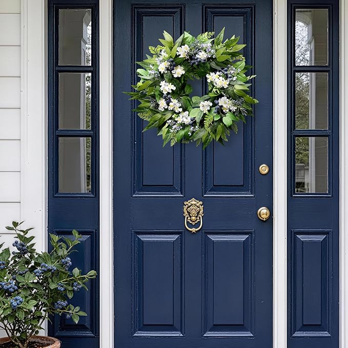 22 Inch Blueberry Spring Summer Wreath for Front Door, Artificial Wreath with Blue Berries and White Blossoms, Modern Farmhouse Wall Wedding Home Outdoor Decor, Year Round All Season Greenery Wreath