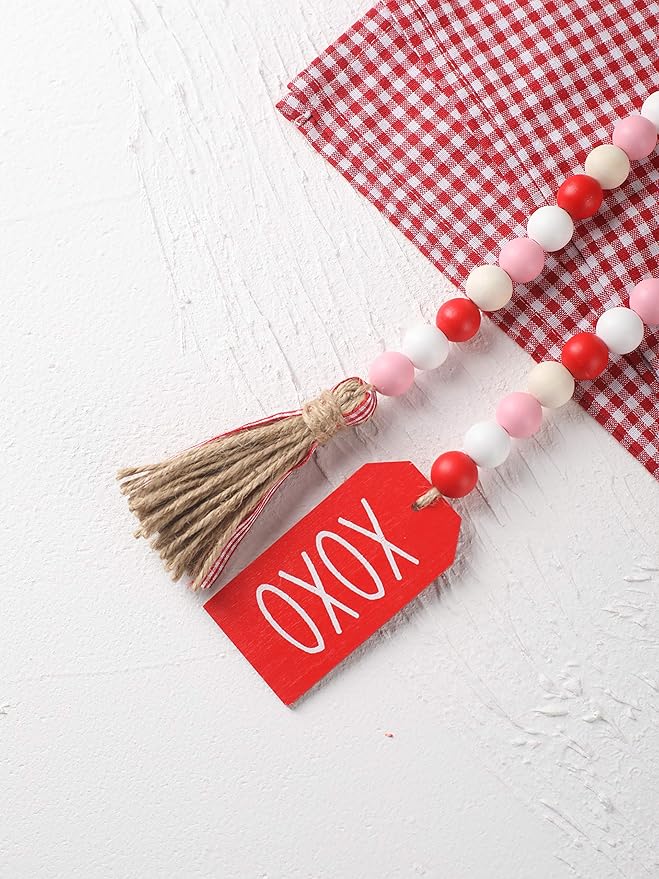 Valentine’s Day Wood Bead Garland with Tassels and XOXO Wooden Embellishments Rustic Farmhouse Tiered Tray Wedding Decorations Home Decor (Red & White XOXO)