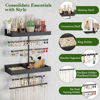 Keebofly Wall Mounted Jewelry Organizer with 2 Tired Shelves & Ring Holder- Jewelry Holder Wall Storage Display for Earrings, Necklace, Bracelet in Bathroom Bedroom, Black