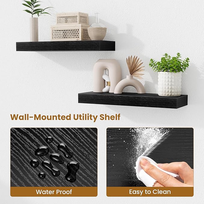 Fun Memories Floating Shelves Bathroom for Wall Mounted Shelves, 20 Inch Wood Shelf Set of 2, Home Storage & Display Decor, Black