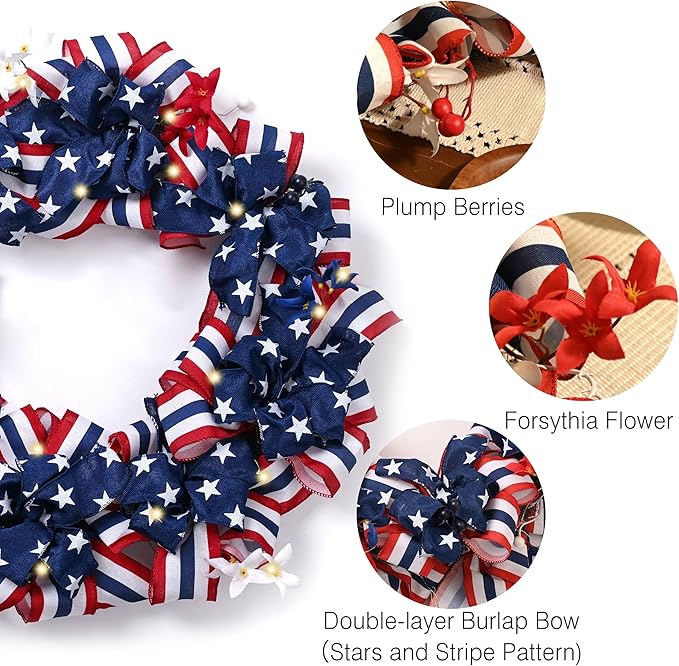 DecorbyHannah Patriotic Wreath for Front Door, 24 inch Large 4th of July Wreaths with Lights, Collapsible Red White Blue Burlap Bow Farmhouse Wreath Decorations for USA 250th Holiday