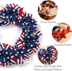 DecorbyHannah Patriotic Wreath for Front Door, 24 inch Large 4th of July Wreaths with Lights, Collapsible Red White Blue Burlap Bow Farmhouse Wreath Decorations for USA 250th Holiday