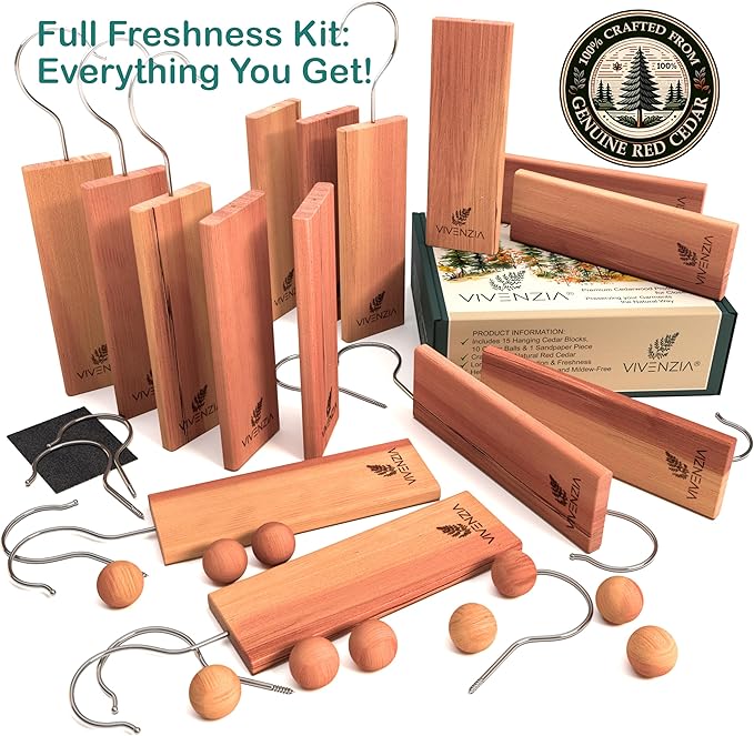 Cedar Blocks for Clothes Storage 25pcs (15 Hang-ups, 10 Balls), Cedar Blocks for Closet, Cedar for Closets, Cedar Planks, Natural Closet Smell Eliminator, Natural Closet Deodorizer