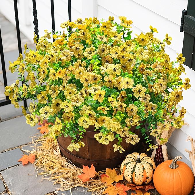 Artificial Flowers for Outdoors Daisy 12 Bundles for Home Decoration, Faux Flower Fake Plants Outside Decoration with Eucalyptus UV Resistant for Planter Porch Patio Yard Garden Yellow