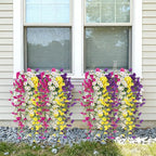 Artificial Hanging Petunias Flowers for Outdoor, 8pcs Fake Plants Long Vine Morning Glory Eucalyptus, UV Resistant Realistic Faux Greenery Outside Patio Porch Garden Spring Summer Decor, Mix Color