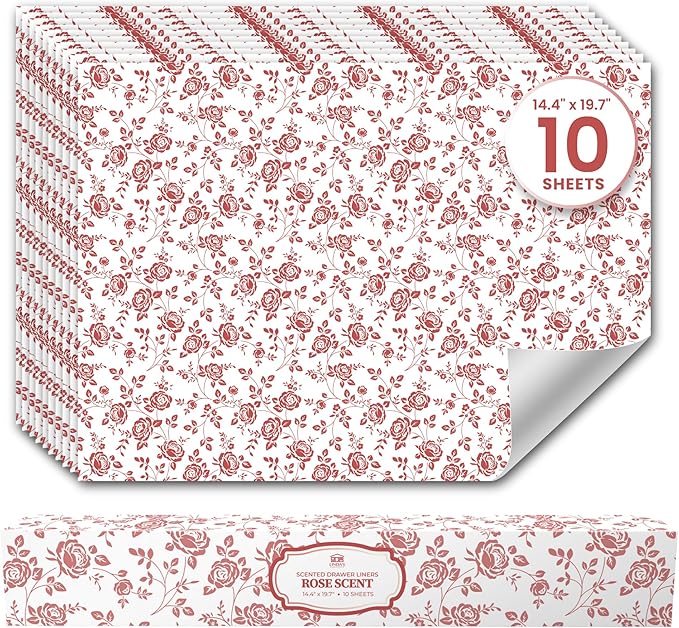 Rose Scented Drawer Liners for Dresser Drawers (10 Large Sheets, 19.7" x 14.4") - Non Adhesive Drawer Paper Liner for Bedroom Dresser & Closet Shelves by Linda’s Essentials