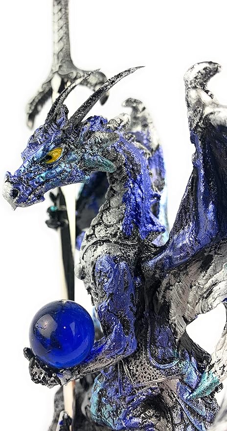 Ain’t It Nice Dragon Statue with Medieval Dragon Sword and Crystal Ball Collectible Dragon Figurine Fantasy Medieval Dragon Décor, Blue 4(L) 2(W) 7(H) inches
