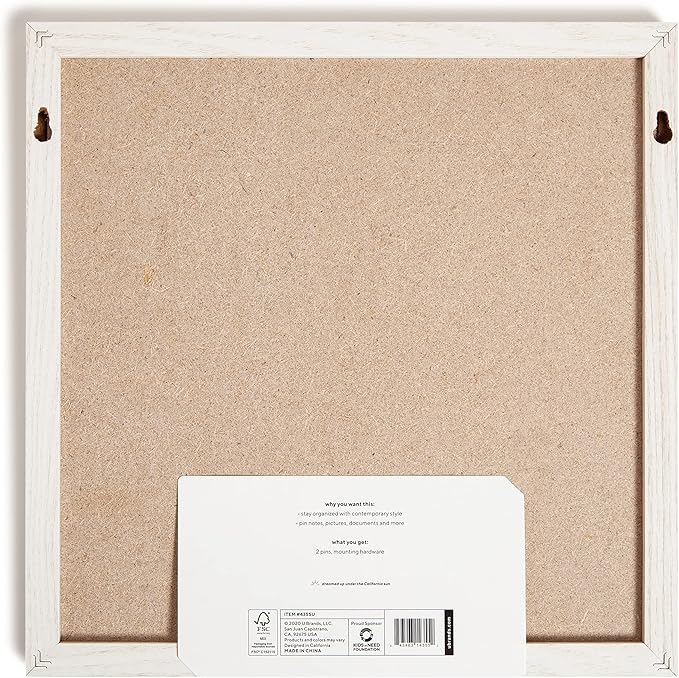 U Brands Rustic Linen Bulletin Board, 14" x 14", White Wood Style Frame, Industrial Grade Pinning Surface, Includes Push Pins