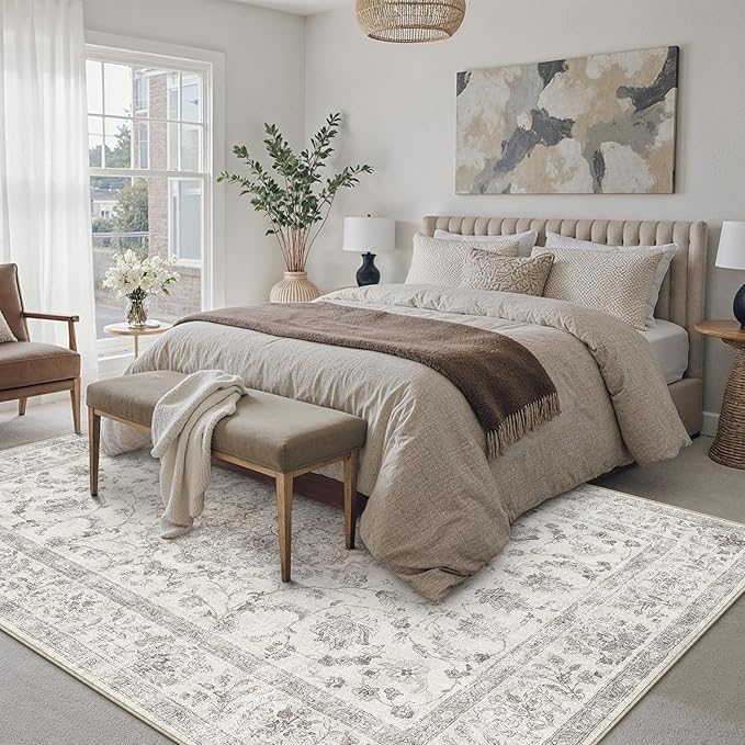 6x9 Area Rug Gray Washable Living Room Vintage Carpet Bedroom Large Non Slip Soft Low Pile Soft Thin Dining Room Office Accent Throw Rug