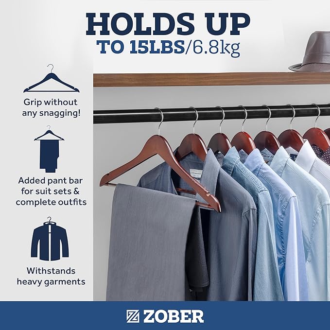 ZOBER Black Wooden Hangers - Heavy Duty, Non Slip Wood Hangers for Coats, Jackets, Suits, & Pants - Coat Hangers for Closet W/Bar and Notches 20 Pack