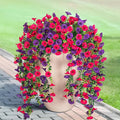 Artificial Hanging Flowers for Outdoor, 2pcs Fake Plants Long Vine Morning Glory Eucalyptus, Spring Summer UV Resistant Realistic Faux Greenery Indoor Outside Patio Porch Garden Decor, Hot Pink Purple